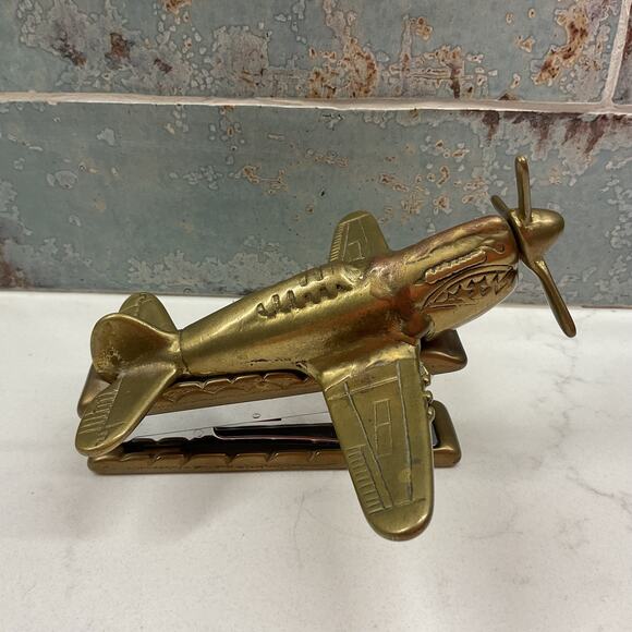 Vtg P-51D Mustang WW2 Fighter Airplane Desk Novelty Brass Stapler Paperweight - Picture 3 of 12